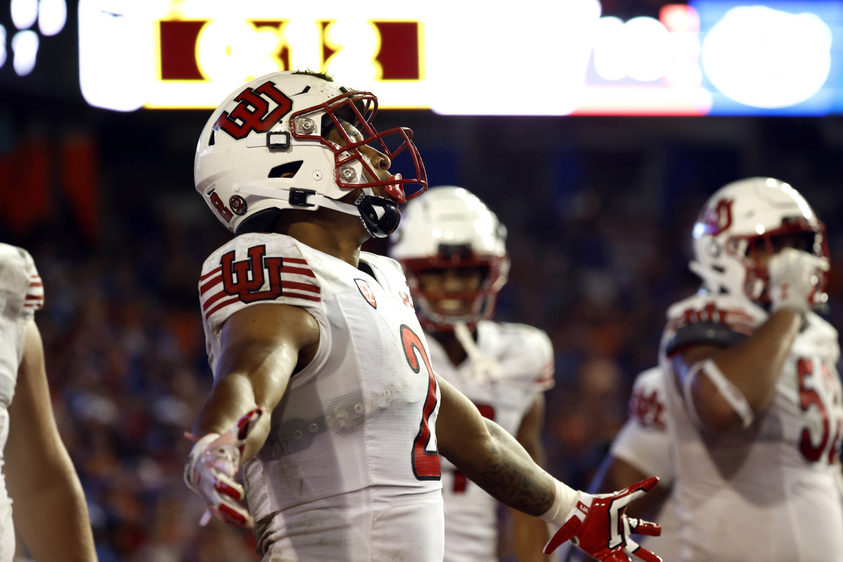 Utah Utes running back Micah Bernard (2) celebrates after scoring a touchdown against the Florida Gators during the second half at Steve Spurrier-Florida Field.